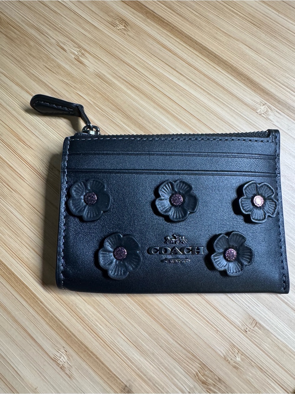 Coach Black Leather Mini ID Skinny Floral Tea Rose Appliqué, NWT